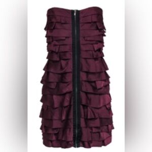 BCBG MazAzria  - NWT Maroon Strapless Zipper Front Tiered Ruffle Mini Dr…